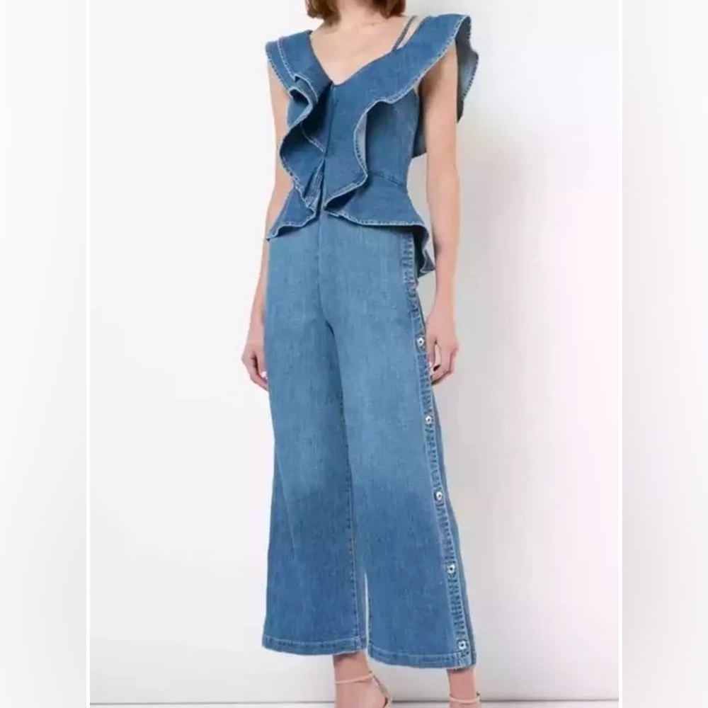 Jonathan Simkhai Denim Ruffle Accented Jumpsuit pre owned - Picture 1 of 13